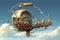 Steampunk airship floating above the sea. Concept of fantasy transportation, adventure, and alternate reality