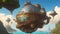 A steampunk airship flying over a floating island. Fantasy concept , Illustration painting