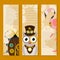 Steampunk animal set of banners vector illustrations for party or festival. Fantastic metal scarab, owl flamingo in