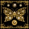 Steampunk butterfly. Fantastic insect in vintage style for tattoo, sticker, print and decorations. Black card with golden frame an