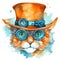 Steampunk cat in red hat with glasses in a watercolor style. Orange and blue fantasy animals illustration. Created with Generative