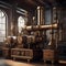 A steampunk cityscape with brass machinery and gears, blending Victorian elegance with industrial grit3