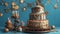 steampunk, colorful birthday cake with sprinkles and candles on a blue background