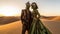 Steampunk Couple In Green Costume On Desert Sand At Sunset