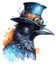 Steampunk crow in blue hat with glasses in a watercolor style. Orange and navy blue fantasy animals illustration. Created with