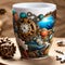 steampunk cup of coffee, exotic sea creatures, coral, detailed, surreal