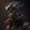 A steampunk cyborg dons a VR helmet against a dark backdrop. AI
