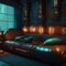 Steampunk Dark Futuristic Interior Living Room Neon Color Light Tubes Metal Pipes Texture Large Sofa Leather Generative AI