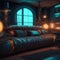 Steampunk Dark Futuristic Interior Living Room Neon Color Light Tubes Metal Pipes Texture Large Sofa Leather Generative AI