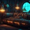 Steampunk Dark Futuristic Interior Living Room Neon Color Light Tubes Metal Pipes Texture Large Sofa Leather Generative AI