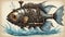 a steampunk A dynamic scene of a steampunk tropical fish, with wires, propellers,