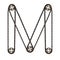 Steampunk font. Letter M from chain gear elements, tires, reflectors