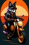 A steampunk fox fursona with boots sitting on a Vespa moped with sunglasses, graphic novel, grunge, geometric t-shirt design