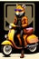 A steampunk fox fursona with boots sitting on a Vespa moped with sunglasses, graphic novel, grunge, geometric t-shirt design