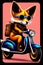 A steampunk fox fursona with boots sitting on a Vespa moped with sunglasses, graphic novel, grunge, geometric t-shirt design