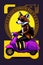 A steampunk fox fursona with boots sitting on a Vespa moped with sunglasses, graphic novel, grunge, geometric t-shirt design