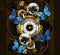 Steampunk Gears and blue butterflies on brown background