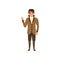 Steampunk guy waving hand. Man in jacket with lacing and high collar, shirt, pants and boots. Costume for festival. Flat