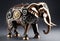 a steampunk-inspired mechanical elephant with detailed metal plates and tusks.