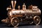 a steampunk-inspired steam engine with elaborate detailing on the boiler and wheels.