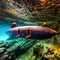 A steampunk-inspired submarine exploring the depths of an underwater abyss, discovering hidden treasures2, Generative AI