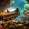 A steampunk-inspired submarine exploring the depths of an underwater abyss, discovering hidden treasures3, Generative AI
