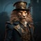 Steampunk lion, adorned with a top hat against industrial background