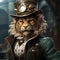 Steampunk lion, adorned with a top hat against industrial background