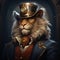 Steampunk lion, adorned with a top hat against industrial background