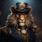 Steampunk lion, adorned with a top hat against industrial background