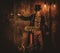 Steampunk man with Tesla coil on vintage steampunk background