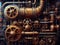 Steampunk mechanism with gears and cogwheels on a dark background. Generative AI