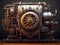 Steampunk mechanism with gears and cogwheels on a dark background. Generative AI