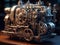 Steampunk mechanism with gears and cogwheels on a dark background. Generative AI