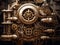 Steampunk mechanism with gears and cogwheels on a dark background. Generative AI