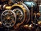 Steampunk mechanism with gears and cogwheels on a dark background. Generative AI