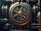 Steampunk mechanism with gears and cogwheels on a dark background. Generative AI