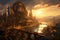 Steampunk Metropolis at Sunset. A sprawling steampunk city with gears and cogs, AI Generated