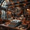 Steampunk office with vintage typewriters brass lamps