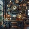 Steampunk office with vintage typewriters brass lamps