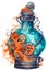 Steampunk orange and blue potion bottle with mechanical gears in a watercolor style. Fantasy art illustration. Created with