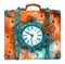 Steampunk orange and blue vintage suitcase with mechanical gears in a watercolor style. Fantasy illustration. Created with