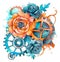 Steampunk orange rose flower and blue mechanical gears in a watercolor style. Fantasy illustration. Created with Generative AI