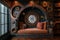 Steampunk reading book nook with metal gears, AI-generated.