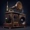 Steampunk retrofuturistic gramophone speaker. 3D render. Generative AI