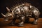A steampunk rhino with lots of screws and cogwheels created with generative AI technology