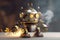 Steampunk Robot On Smoky Grey Background. Generative AI