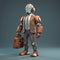 Steampunk Robotic Character With Luggage In Dark Orange And Light Cyan