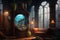 Steampunk Room With Wall With Fish Tank. Generative AI