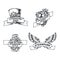 Steampunk set isolated emblems with mechanical wings heart sketch style images ribbons with text